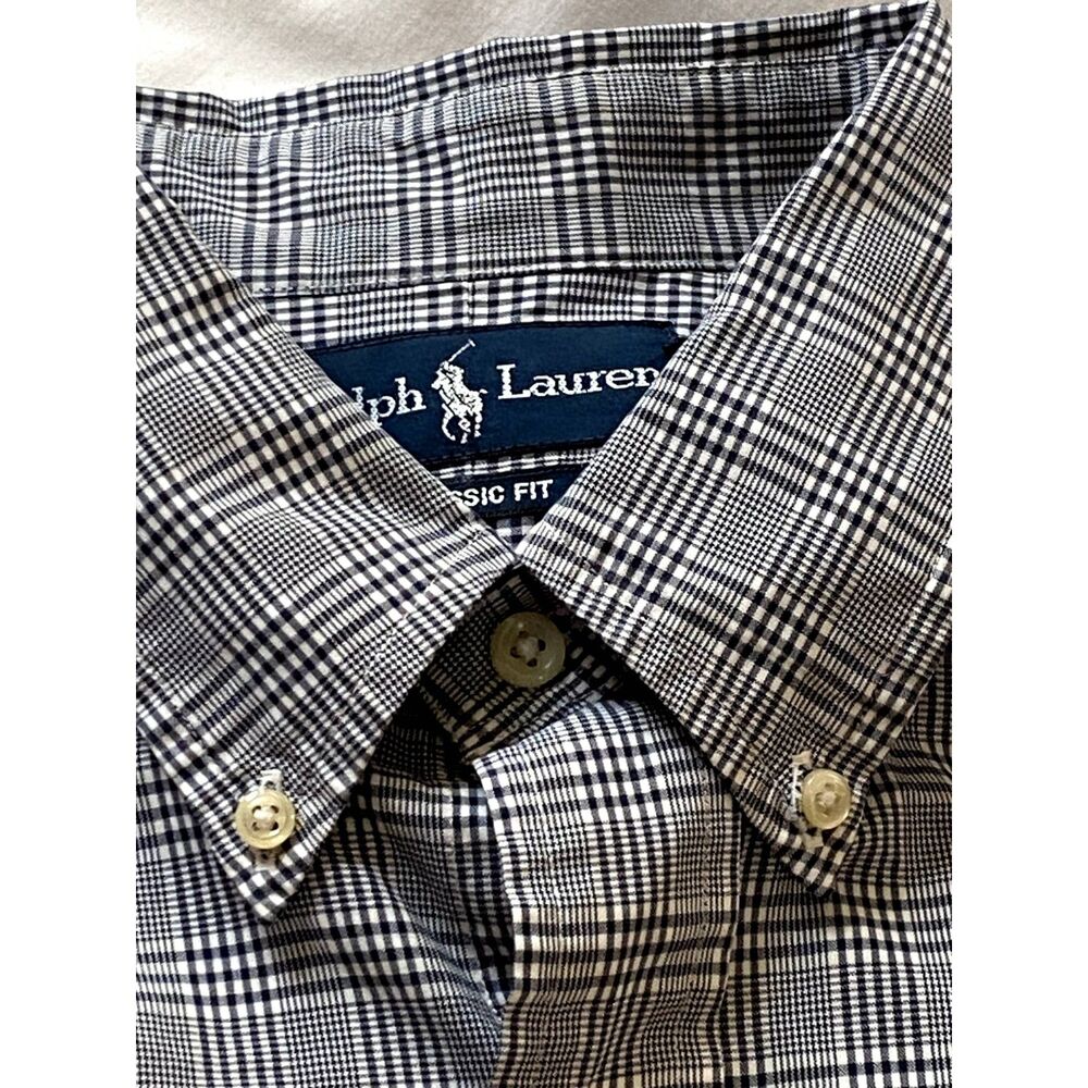 VTG 90s POLO RALPH LAUREN Shirt Glen Plaid 16.5 34/35 Classic Fit Grey Black